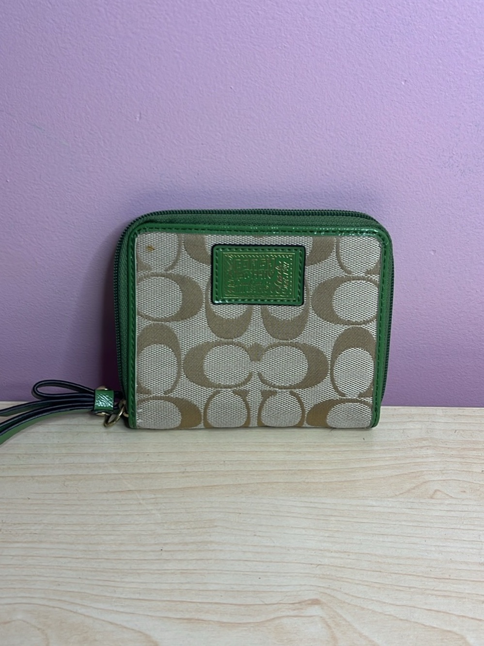 Coach Poppy Signature Canvas Wallet with Green Trim